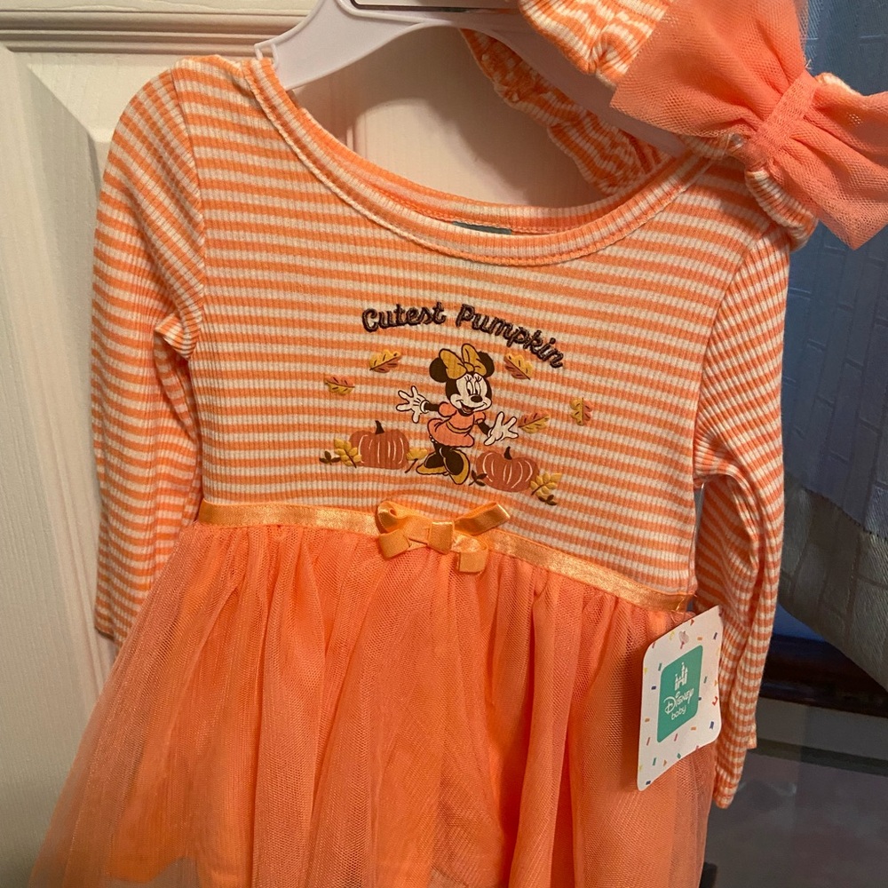 Disney Orange and White Minnie Mouse Dress with Bow